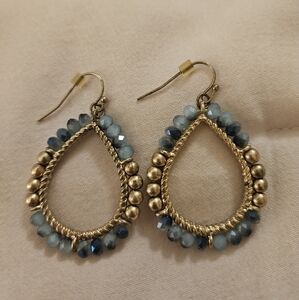 Blue and Gold Beaded Boho Teardrop Earrings